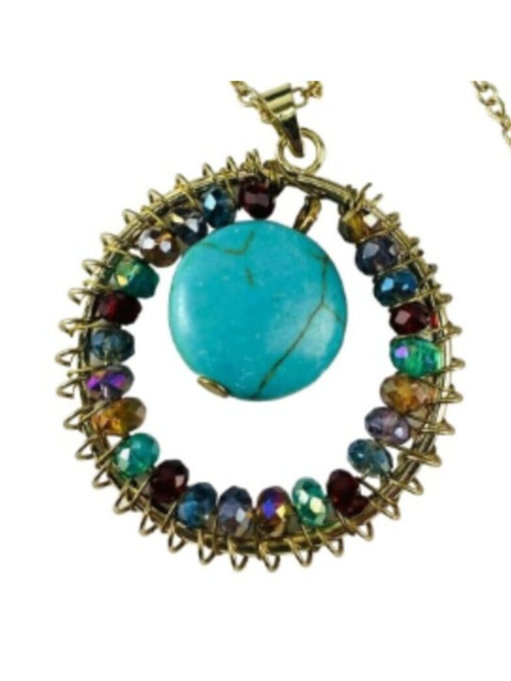 Colorful Crystal Gold Tone Necklace Pendant Turquoise